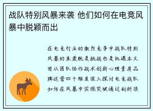 战队特别风暴来袭 他们如何在电竞风暴中脱颖而出
