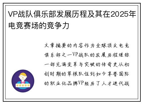 VP战队俱乐部发展历程及其在2025年电竞赛场的竞争力